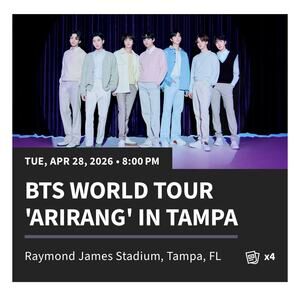 BTS 2 Tickets Tampa April 28, 2026 Face Value